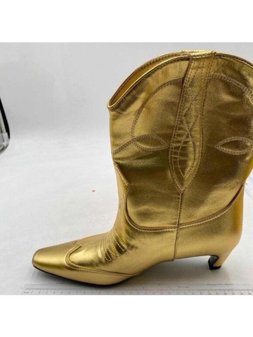 FSJ Gold Square Toe Comfort Kitten Heel Ankle Boot Pull On Bootie Dress Shoes